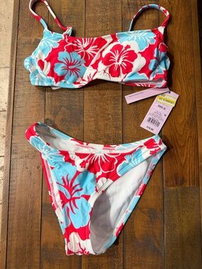 wild fable Red, Aqua & White Floral Triangle Bikini, top size XS, panty XXS